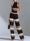 Chic Elegant Black Striped Mock-Neck Sleeveless Slim Fit Wide-Leg Ribbed Knit Jumpsuit