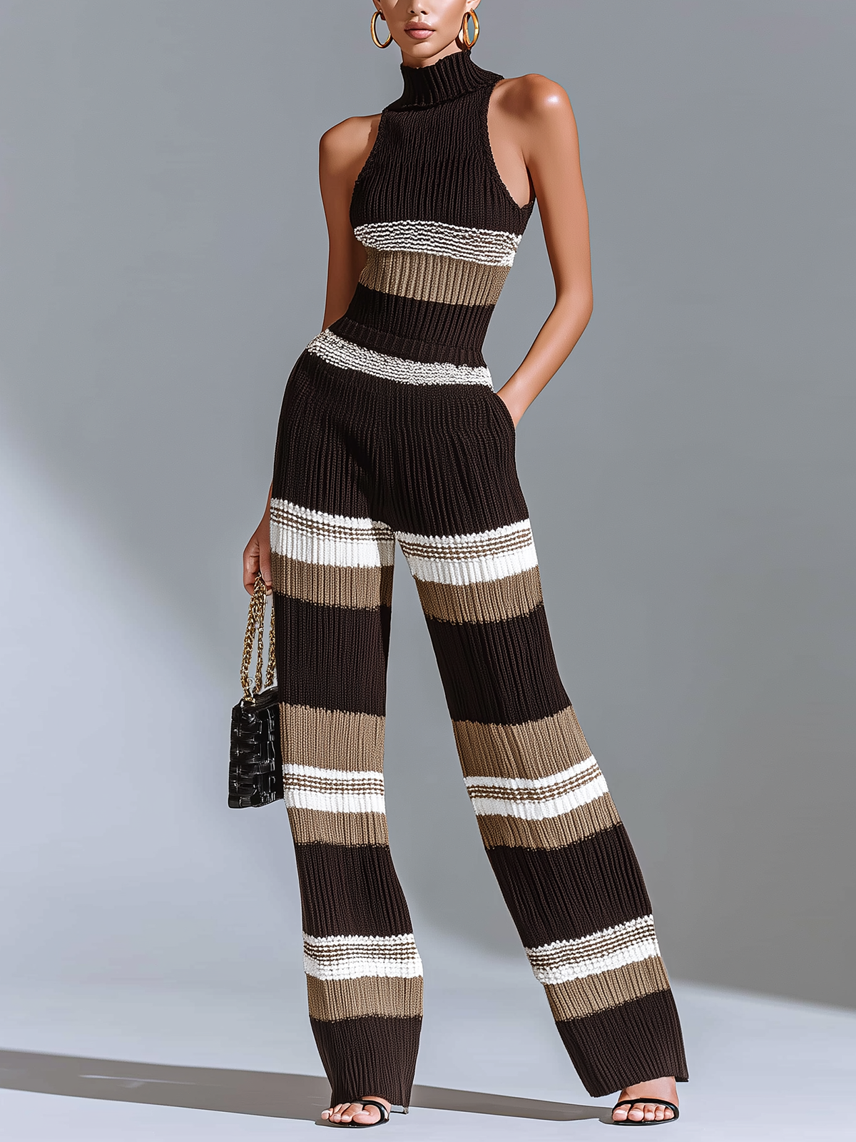 Chic Elegant Black Striped Mock-Neck Sleeveless Slim Fit Wide-Leg Ribbed Knit Jumpsuit