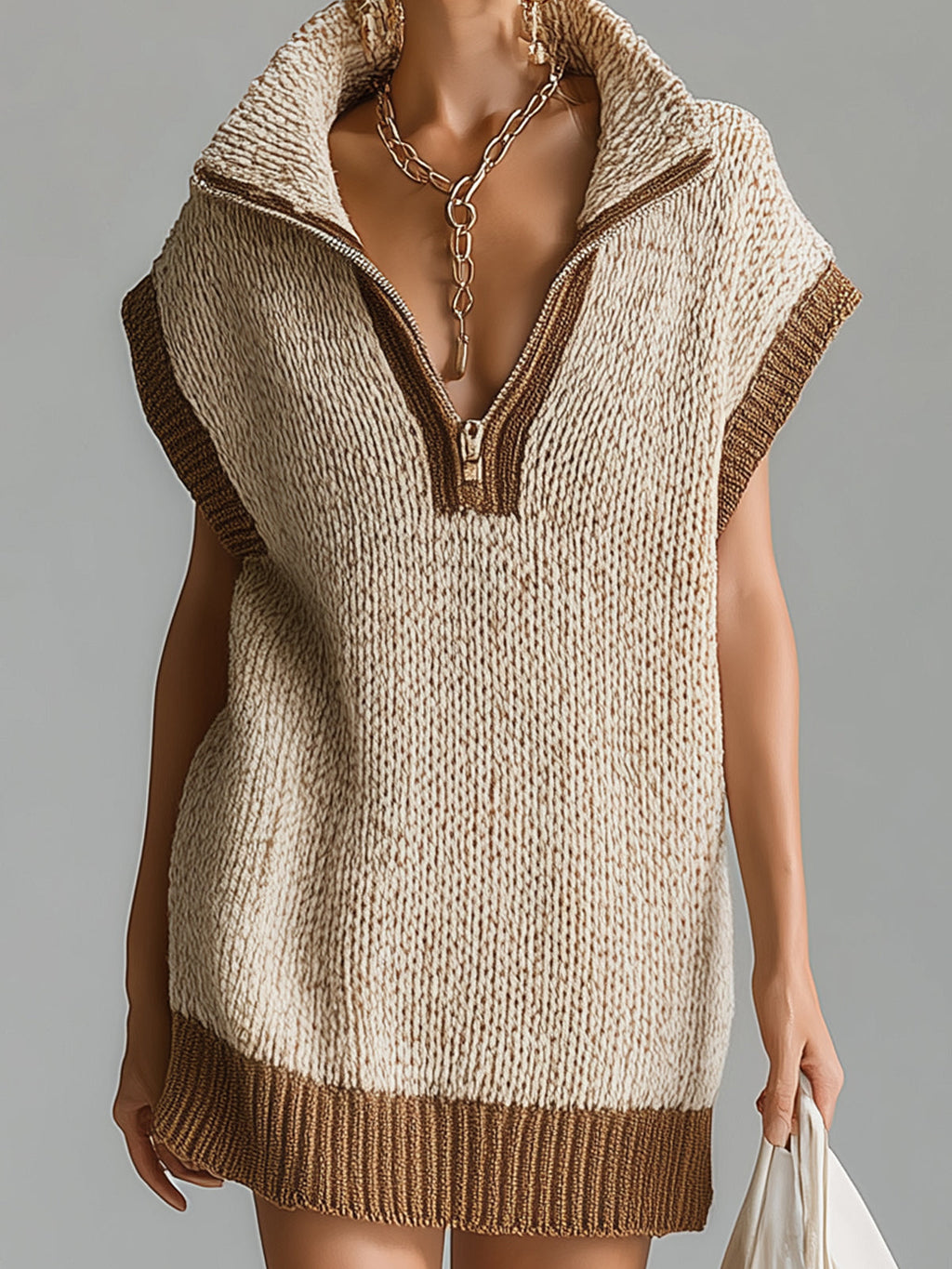 Chic Casual Light Khaki Colorblock Lapel Zipper-Up V-Neck Oversize Knit Mini Dress