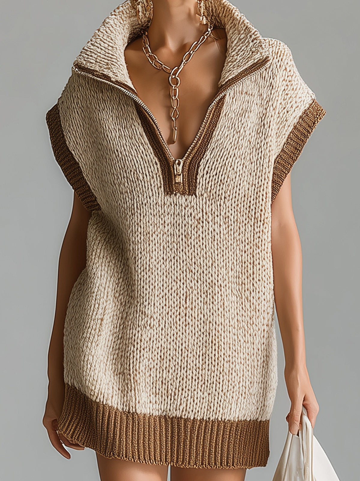 Chic Casual Light Khaki Colorblock Lapel Zipper-Up V-Neck Oversize Knit Mini Dress