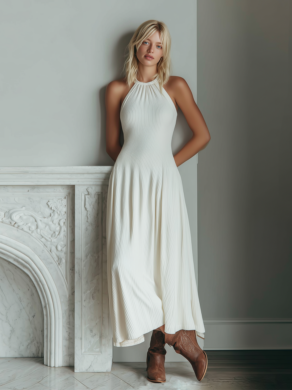 Chic Vintage White Round Neck Shirring Sleeveless Tailored Wais Knit Maxi Dress