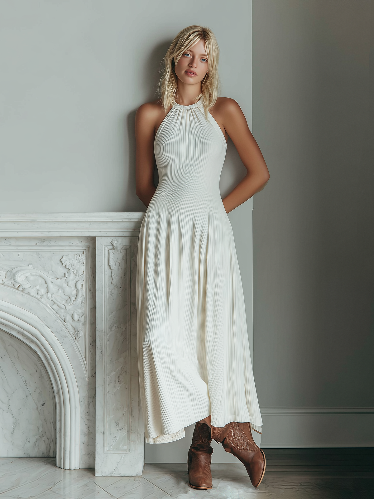 Chic Vintage White Round Neck Shirring Sleeveless Tailored Wais Knit Maxi Dress