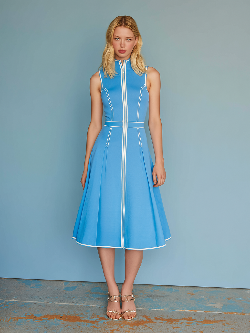 Chic Elegant Blue Trim Neck Zipper-up Round-Neck Sleeveless Tailored-Waist A-Line Cotton Blend Midi Dress