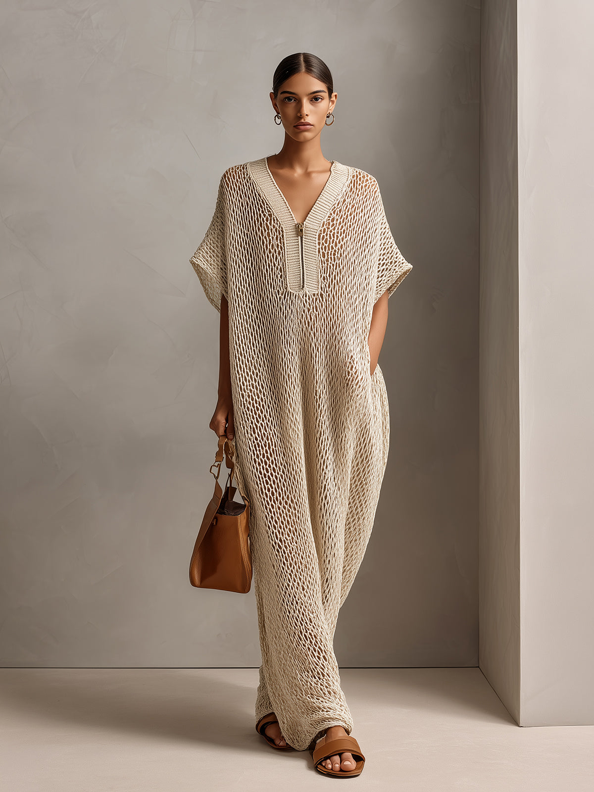 Chic Elegant Beige Zipper-Up Ribbed V-Neck Short-Sleeve Oversize Hollow Out Knit Maxi Dress