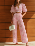 Chic Elegant Pink V-neck Lantern Sleeve Slim Fit Hollow-out Sweater Top Wide Leg Knit Two-Piece Set