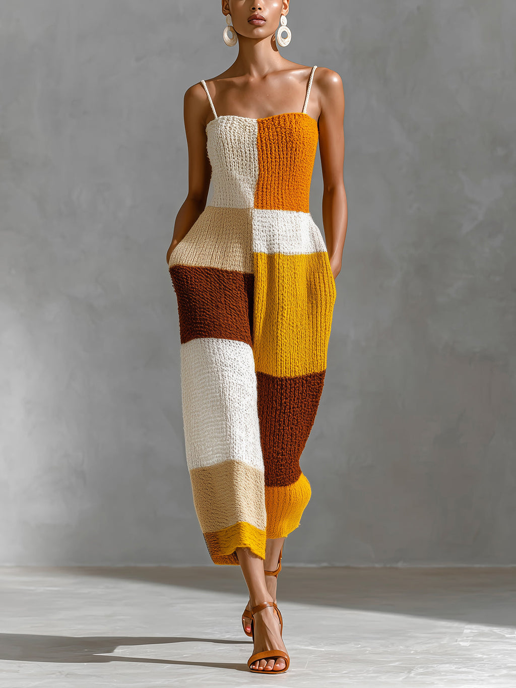 Chic  Elegant Yellow-Orange Colorblock Strappy Sleeveless Loose-Fit Breathable Ribbed Knit Jumpsuit