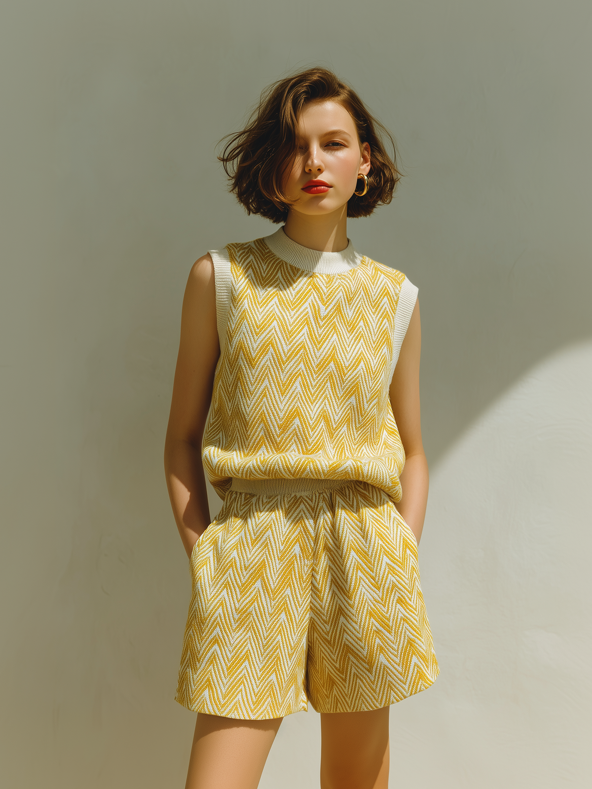 Chic Casual Yellow Jacquard Round Neck Sleeveless Loose-Fit  Vest Elastic Waist Shorts Knit Two-Piece Set