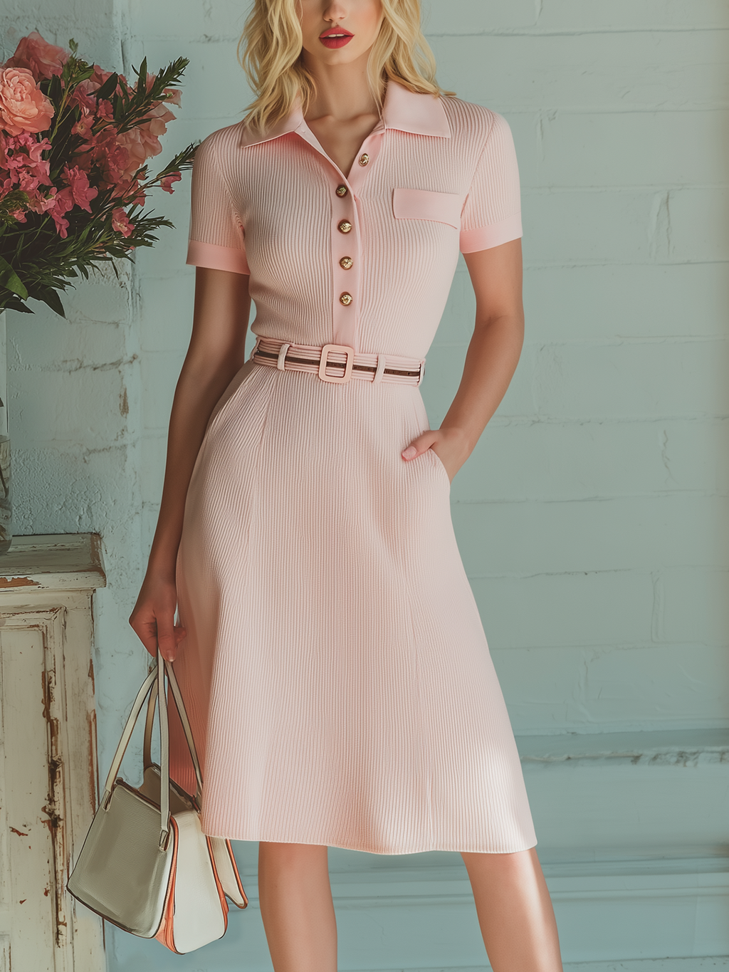 Chic Vintage Pink Polo Collar Short Sleeve Button-Front Belted Patch Pocket Slim-Fit Flare Hem Ribbed Knit Midi Dress
