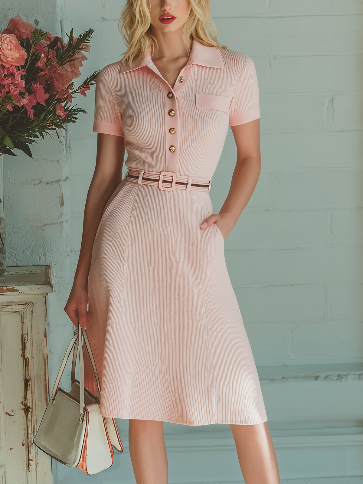 Chic Vintage Pink Polo Collar Short Sleeve Button-Front Belted Patch Pocket Slim-Fit Flare Hem Ribbed Knit Midi Dress