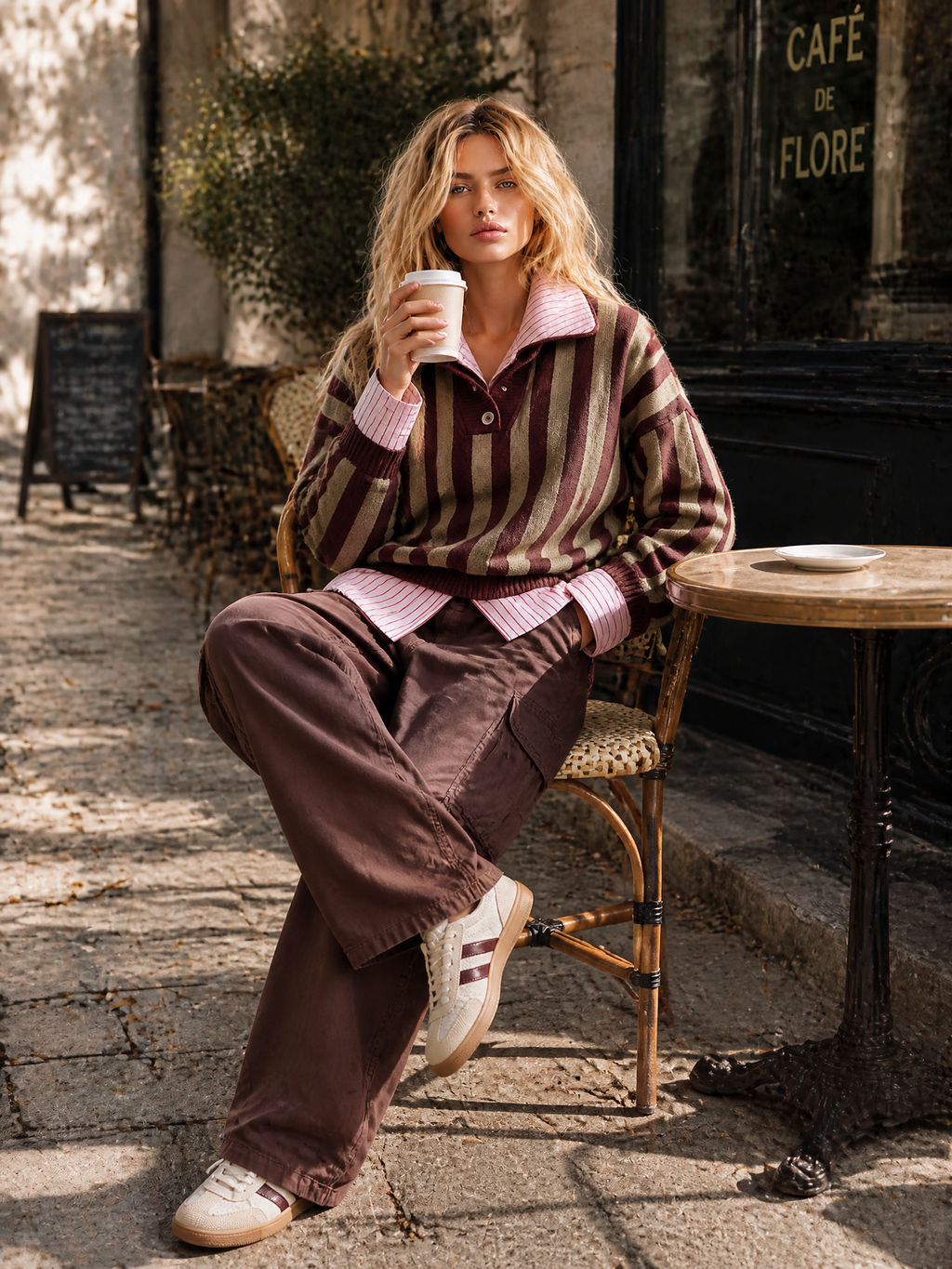 Chic Casual Olive Green-Burgundy Stripes Lapel Collar Button-Up Long-Sleeve Loose-Fit Wool Blend Knit Sweater