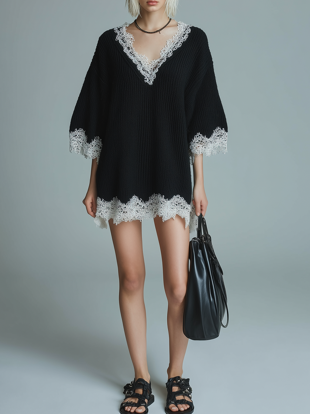 stylish Casual Black V-neck Lace Trim Short-sleeved Loose-fitting Knit Mini Dress