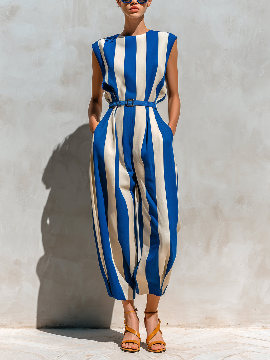 Chic Elegant Royal Blue & Beige Striped Cotton Blend Sleeveless Belted Loose-Fit Jumpsuit