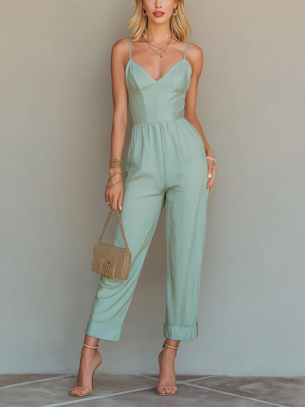 Fashionable Casual Mint Green Satin Strappy V-Neck Sleeveless Tailored-Waist Jumpsuit