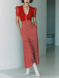 Chic Elegant Red Stripes Patchwork V-Neck Short-Sleeve Lace Detail Tailored Waist A-Line Hem Knit Maxi Dress