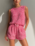 Chic Elegant Hot Pink Round-Neck Sleeveless Loose-Fit Vest Top Elastic-Waist Shorts Knit Two-Piece Set