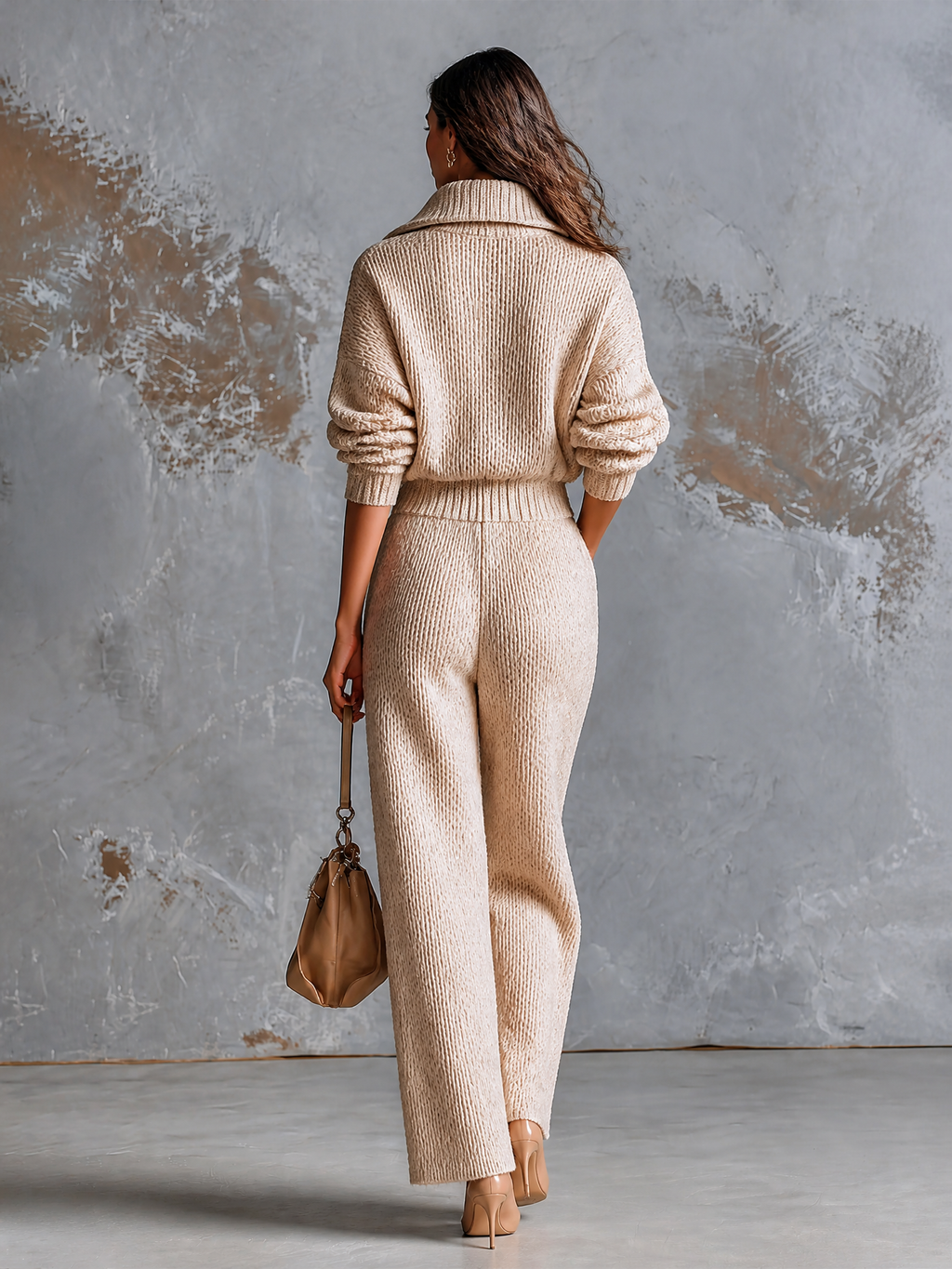 Chic Elegant Oatmeal Half-Zipper Collar Dropped Shoulder Long-Sleeve Elastic-Waist Loose-Fit Knit Jumpsuit