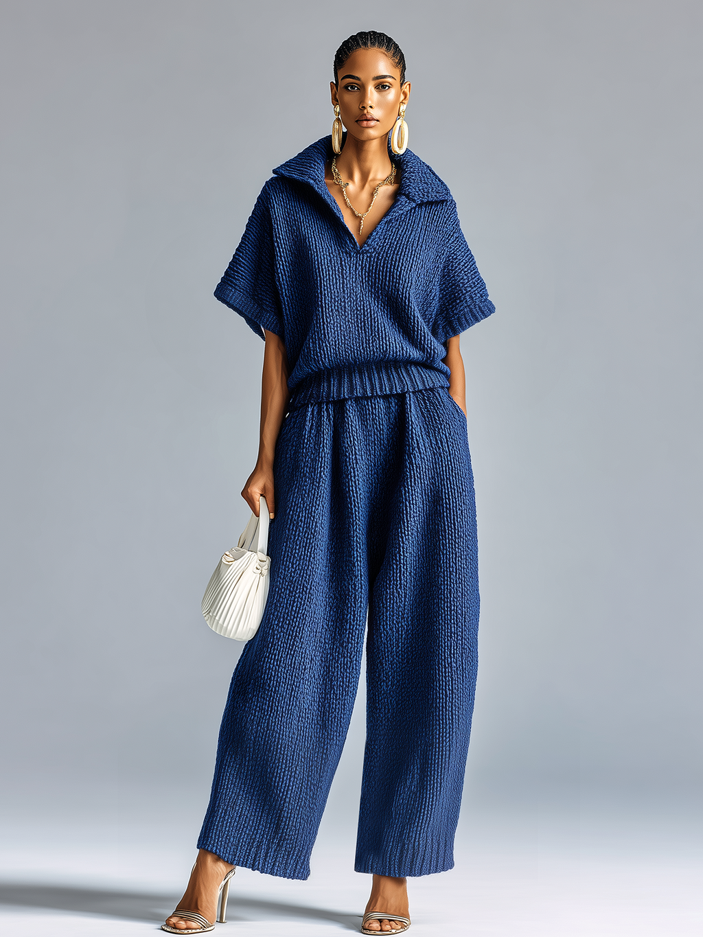 Fashion Casual Dark Blue Lapel V-neck Short-Sleeve Loose Sweater Wide-Leg Pants Knit Two-Piece Set