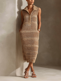Chic Elegant Brown Colorblock Zipper-Up Lapel Collar Sleeveless Loose-Fit Ribbed Knit Midi Dress
