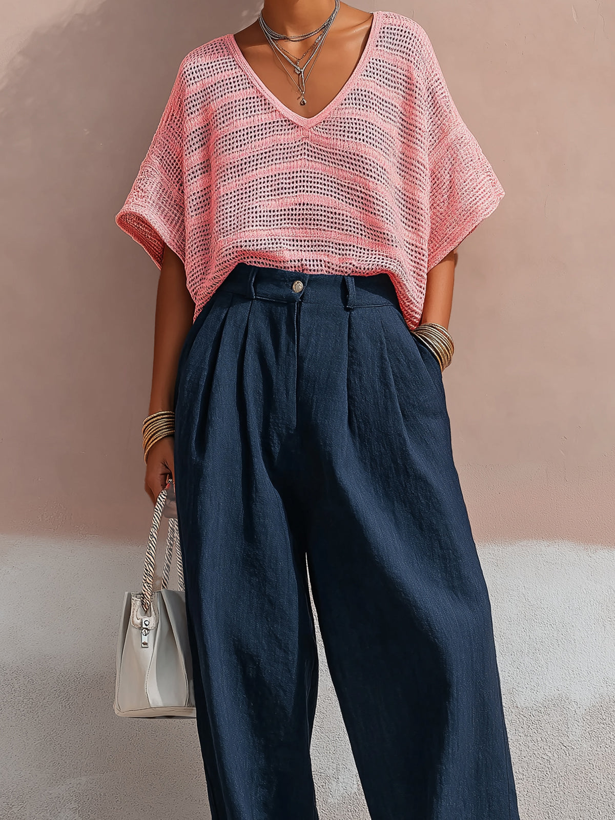 Chic Elegant Pink V-Neck Short-Sleeve Oversized Knit Top Navy Linen Wide-Leg Pants Two-Piece Set