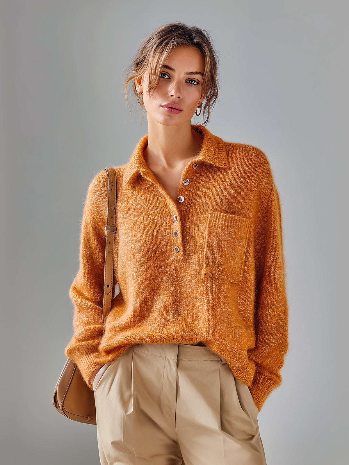 Chic Vintage Pumpkin Orange Polo Collar Half-Placket Pocket Fuzzy Slouchy Knit Sweater