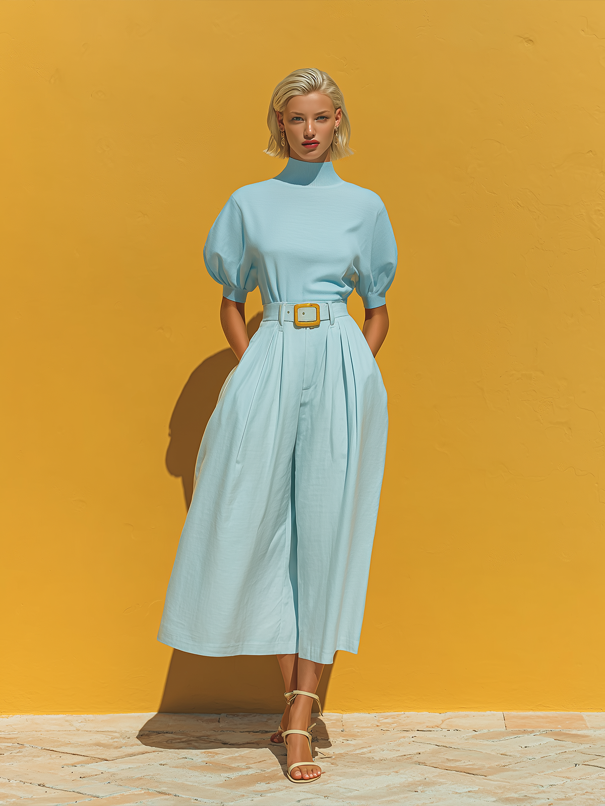Chic Vintage Baby Blue Round-Neck Stand Neck Short-Sleeve Puff Sleeve Loose Knit Tops Belt Wide-Leg Pants Cotton Blend Two-Piece Set