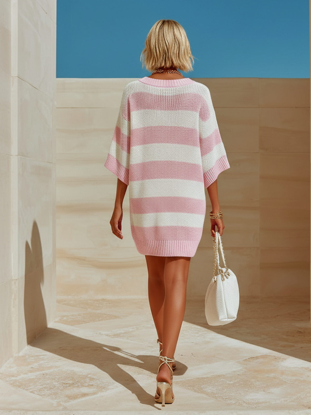 Chic Casual Pink-White Striped V-Neck Short-Sleeve Loose Ribbed Knit Mini Dress