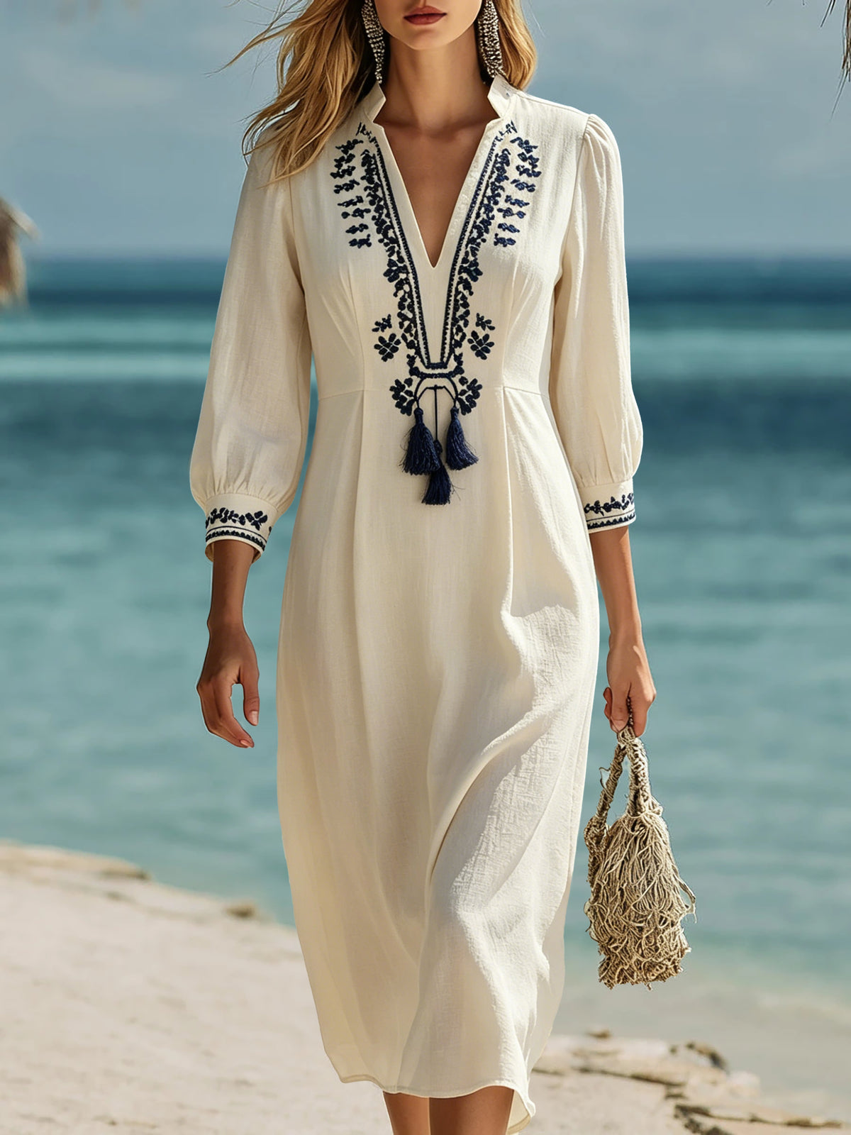 Resort-style Ethnic-style Blue Embroidered Off-white Cotton And Linen Midi Dress