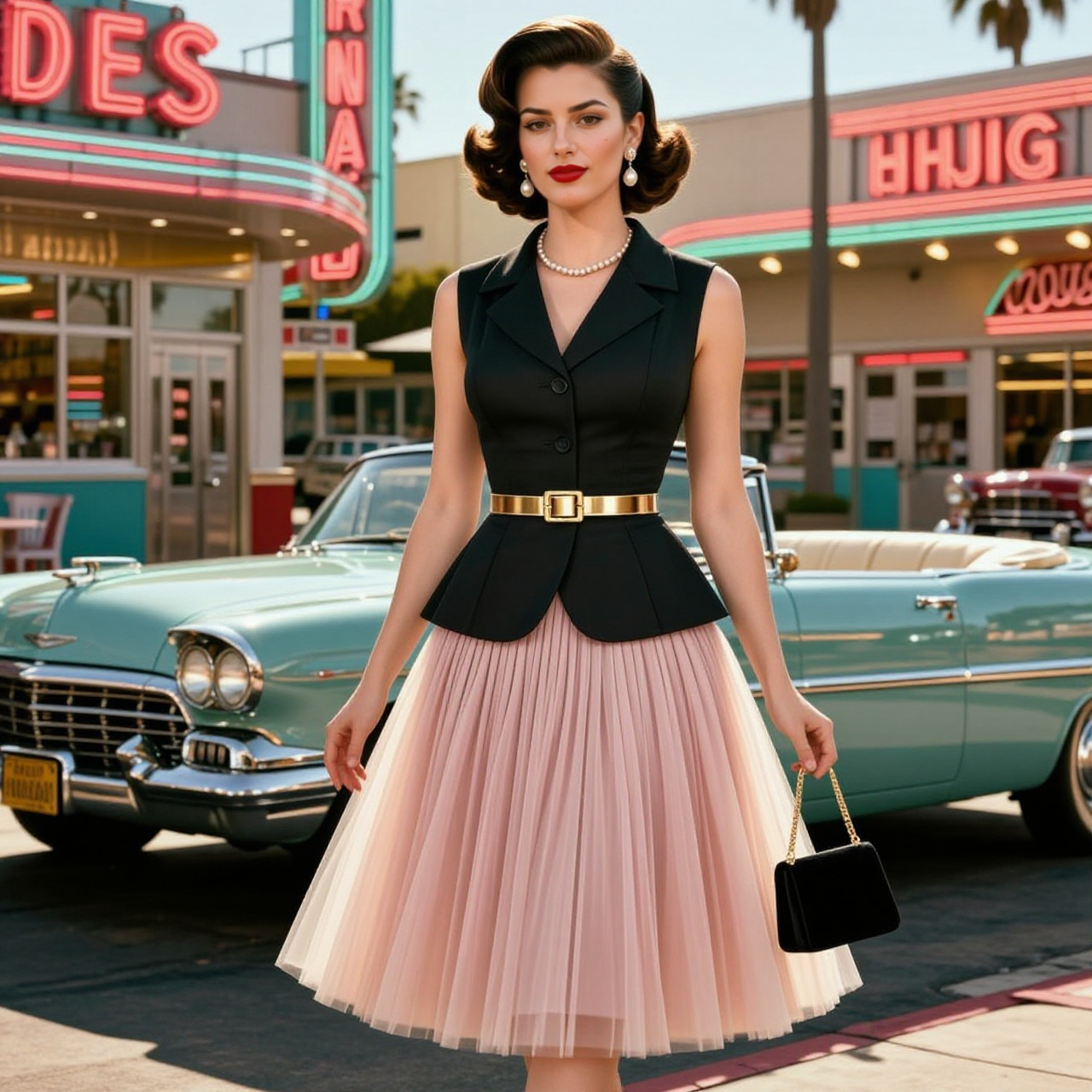 Black Vest & Pink Tulle Pleated Skirt Set With Gold Belt