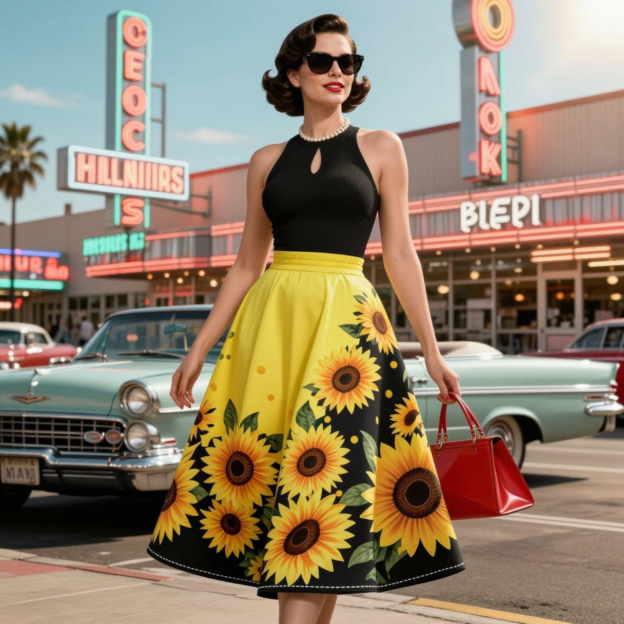 Halter Top & Sunflower Print A-Line Skirt Set