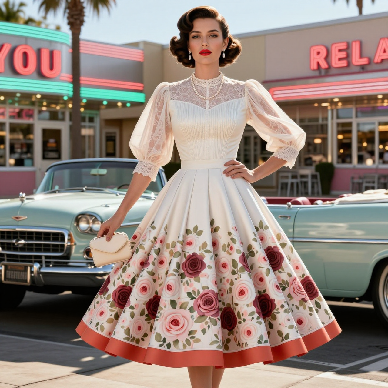 Lace Sleeve Floral Rose Print Midi Dress