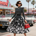 High Neck Polka Dot & Daisy Print Midi Dress