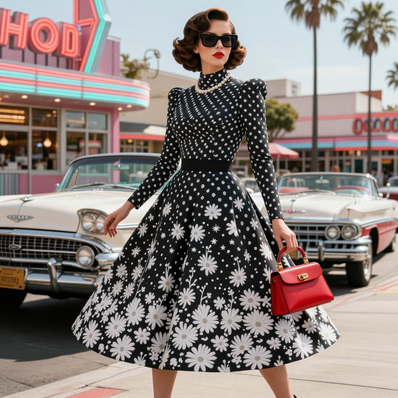 High Neck Polka Dot & Daisy Print Midi Dress