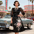 Sheer Sleeve Embroidered Floral Black Midi Dress