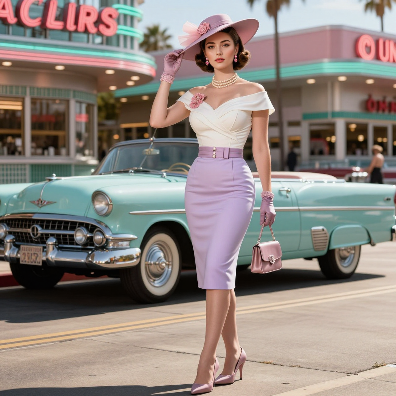 Off-Shoulder Top & Lavender Pencil Skirt Set With Accessories