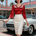 Embroidered Red Satin Top & White Pencil Skirt Set