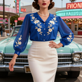 Embroidered Floral Puff Sleeve Blouse & White Pencil Skirt Set