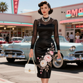 Floral Embroidered Sheer Sleeve Satin Pencil Dress