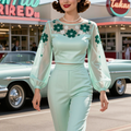 Mint Green Floral Embroidered Top & Pants Set