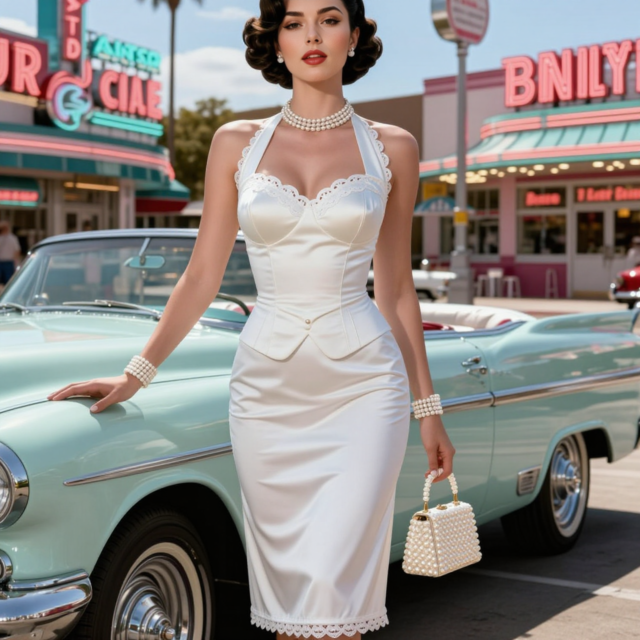 White Satin Halter Lace Pencil Dress
