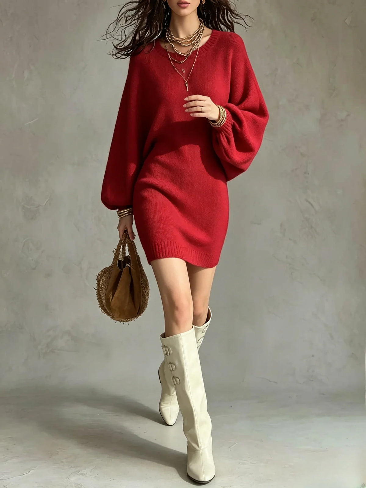 Oversized Balloon Sleeve Knit Mini Dress