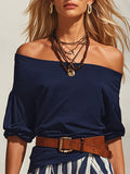 Nautical Resort Style Navy Blue Off-shoulder Top