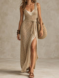 Beige Open Knit Wrap Maxi Dress