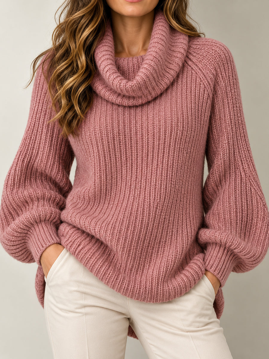 Pink Cowl Neck Ribbed Sweater
