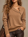 Camel Asymmetric Button Neck Sweater