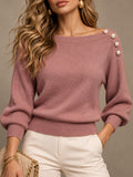 Pink Boat Neck Pearl Button Sweater