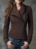 Brown Ribbed Asymmetric Zip Front Sweater