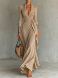 Beige Ribbed Knit Wrap Maxi Dress