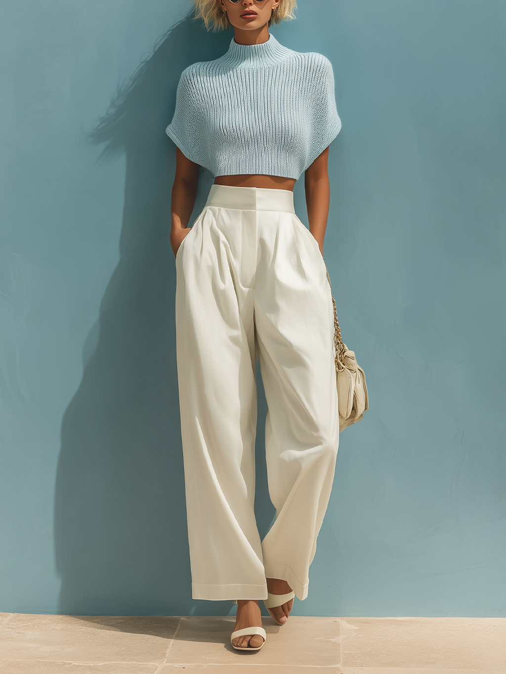 Stylish Elegant Light Blue Mock Neck Short-Sleeve Loose Sweater White Wide-Leg Pants Two-Piece Set