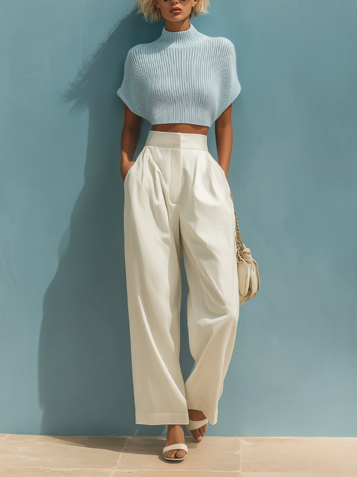 Stylish Elegant Light Blue Mock Neck Short-Sleeve Loose Sweater White Wide-Leg Pants Two-Piece Set