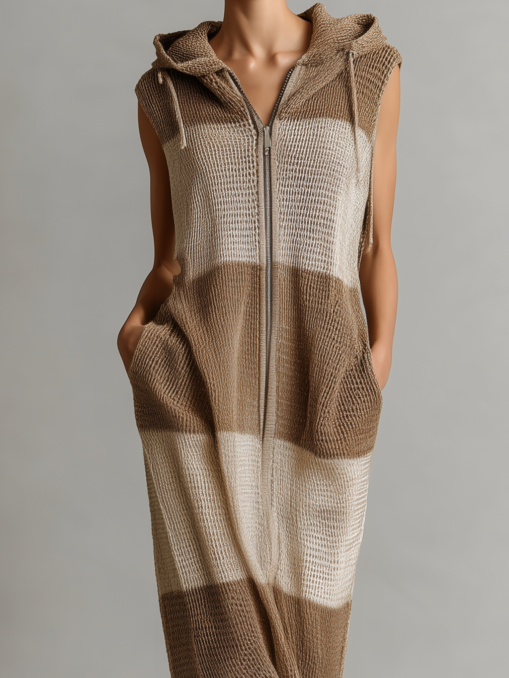 Chic Elegant Brown-Beige Stripe Hood Sleeveless Zipper-Placket Loose-Fit Knit Midi Dress